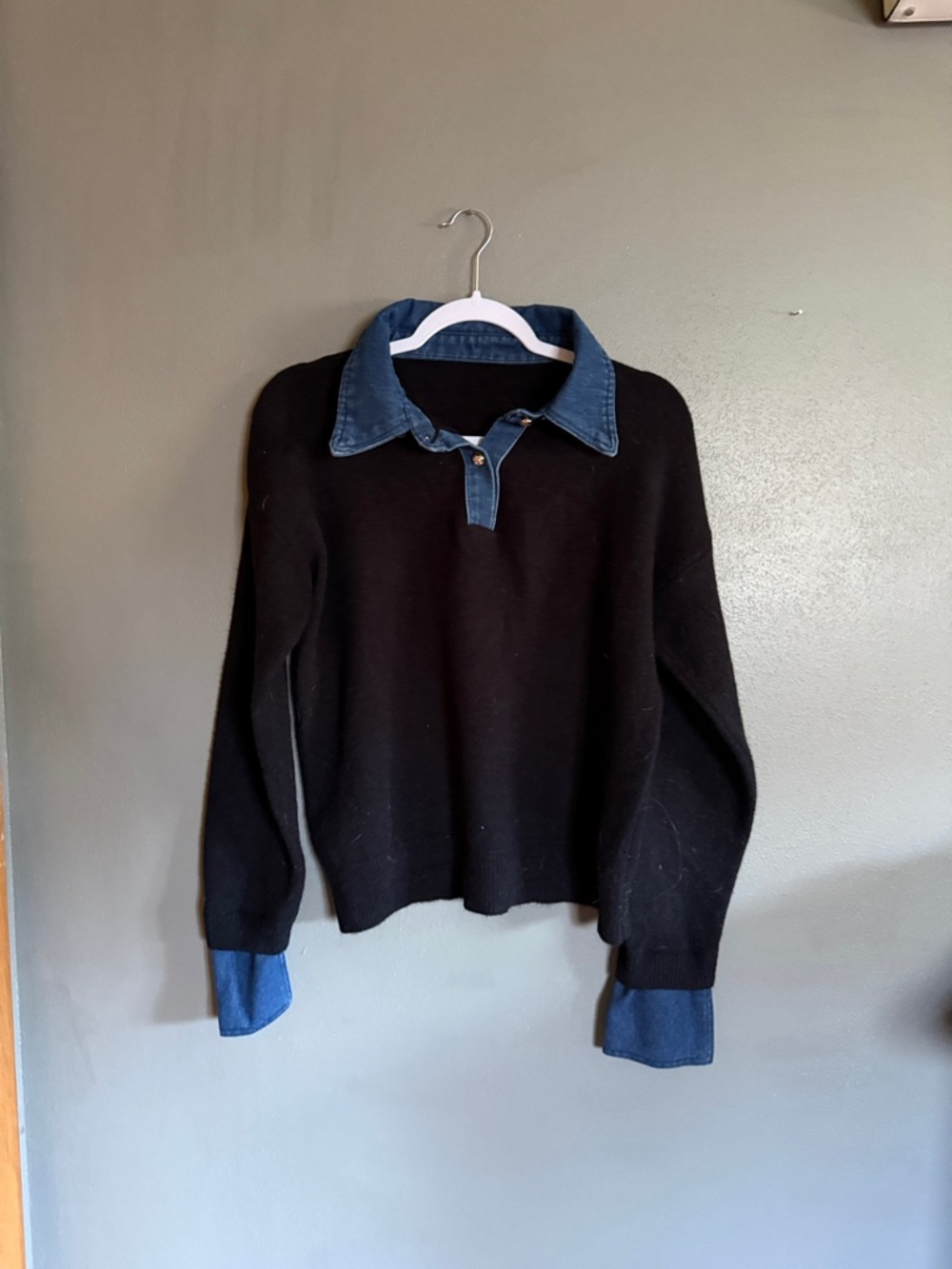 Black Knit Sweater with Denim Collar and Cuffs